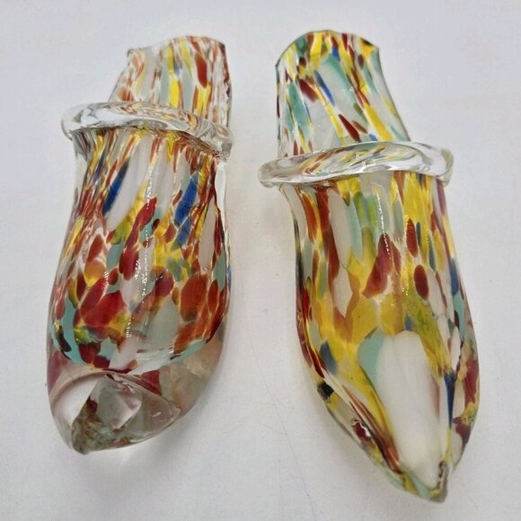 Pair Of Vintage Murano Style Italian Art Glass Slipper Heel Shoe Multicolor Chip - Picture 2 of 14
